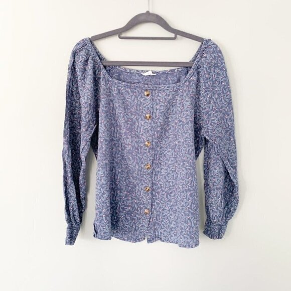 5/$25 Caslon boho peasant blue floral button front off shoulder elastic wrist - Picture 1 of 8